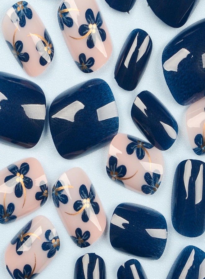 GRITOSE 24pcs Blue Press on Nail Short Square Fake Nails Glossy Spring with Floral designs Gold Stripe Stick on Nail Full Cover Acrylic False Nails Reusable Gel Glue on Nails for Women Summer Manicure - Image 4